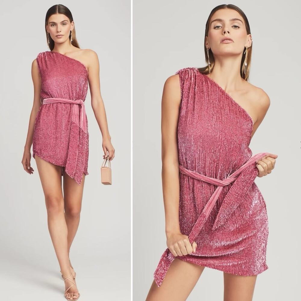 Retrofete One-Shoulder Mini Dress in Pink Sequin